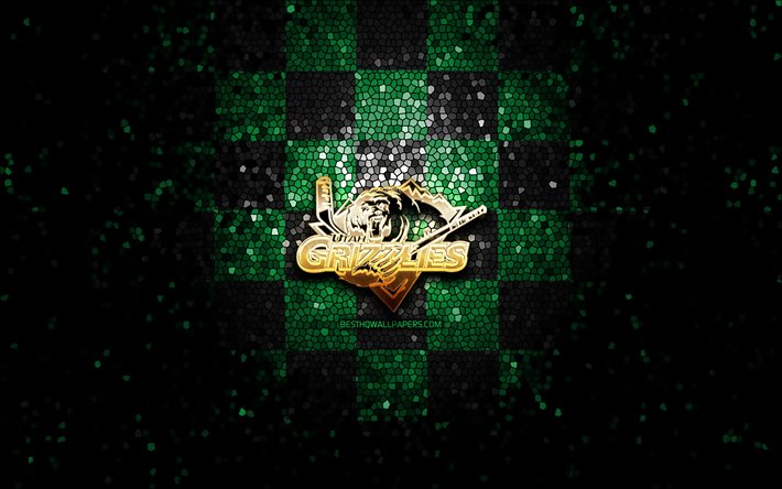 Utah Grizzlies, logo glitter, ECHL, sfondo verde a scacchi neri, hockey, squadra di hockey americana, logo Utah Grizzlies, arte del mosaico