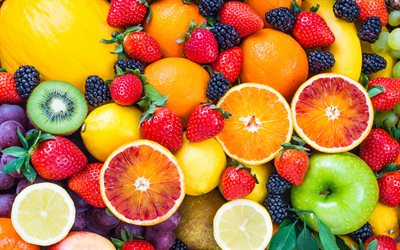 frutas diferentes, fundo com frutas diferentes, morangos, laranjas, uvas, limão, melão, frutas