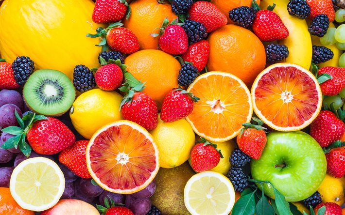 olika frukter, bakgrund med olika frukter, jordgubbar, apelsiner, vindruvor, citron, melon, frukter