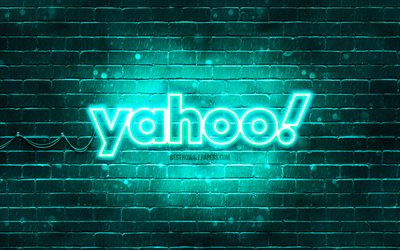 Yahoo turkoosi logo, 4k, turkoosi tiilisein&#228;, Yahoo logo, tuotemerkit, Yahoo neon logo, Yahoo