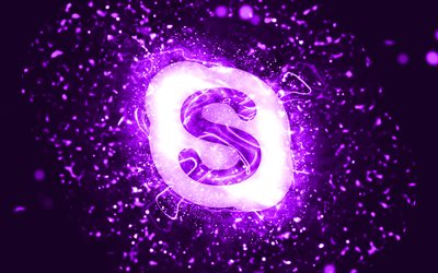 Skype violet logo, 4k, violet neon lights, creative, violet abstract background, Skype logo, brands, Skype