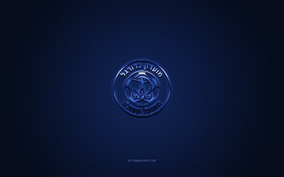 Hapoel Afula FC, Israeli football club, Liga Leumit, blue logo, blue carbon fiber background, football, Afula, Israel, Hapoel Afula FC logo