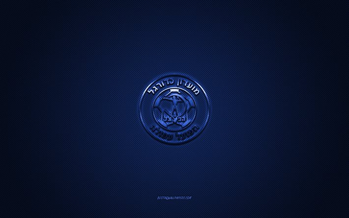 Hapoel Afula FC, clube de futebol israelense, Liga Leumit, logotipo azul, fundo azul de fibra de carbono, futebol, Afula, Israel, logotipo do Hapoel Afula FC
