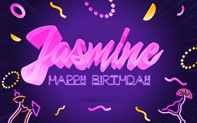 Happy Birthday Jasmine, 4k, Purple Party Background, Jasmine, creative art, Happy Jasmine birthday, Jasmine name, Jasmine Birthday, Birthday Party Background