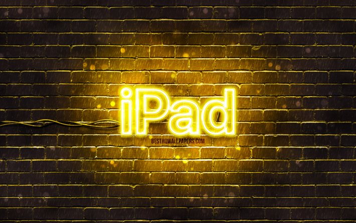 Logotipo amarelo do iPad, 4k, parede de tijolos amarela, logotipo do iPad, Apple iPad, marcas, logotipo neon do iPad, iPad