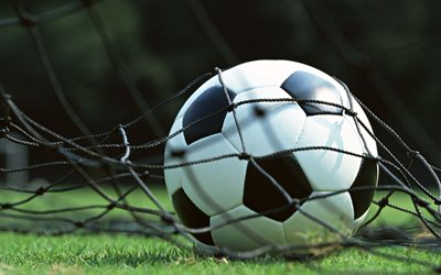 bola de futebol na rede, grama verde, conceitos de futebol, bola de futebol, gol, partida de futebol, futebol