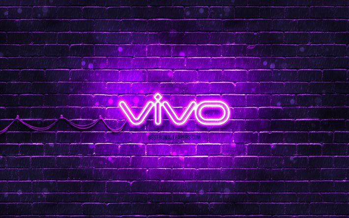 Vivo violet logo, 4k, violet brickwall, Vivo logo, markalar, Vivo neon logo, Vivo