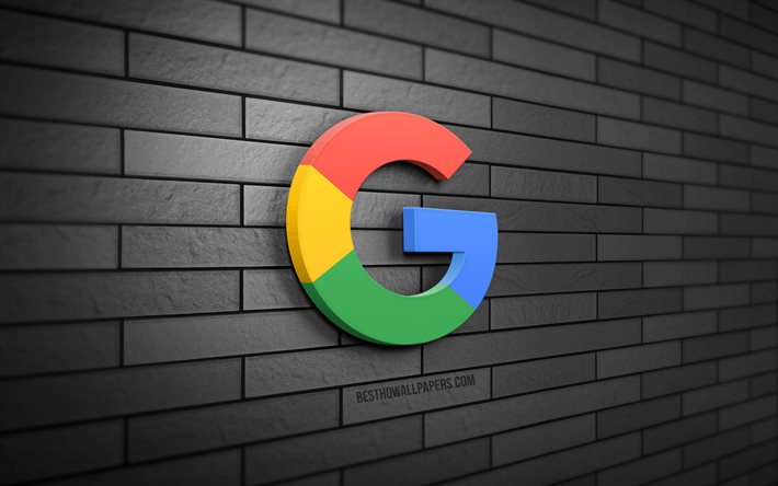 Google 3D logo, 4K, gray brickwall, creative, brands, Google logo, 3D art, Google