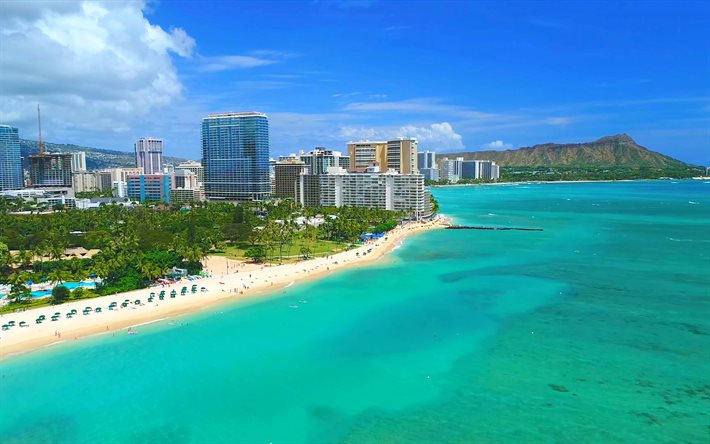 Honolulu, Pasifik Okyanusu kıyısı, Hawaii, Honolulu panoraması, Honolulu şehir manzarası, okyanus, sahil, ABD