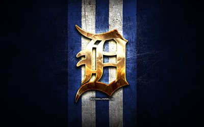Detroit Tigers emblem, MLB, golden emblem, blue metal background, american baseball team, Major League Baseball, baseball, Detroit Tigers
