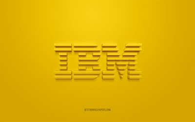 IBM 3d logosu, sarı arka plan, IBM amblemi, IBM sarı logosu, IBM, markalar, IBM logosu