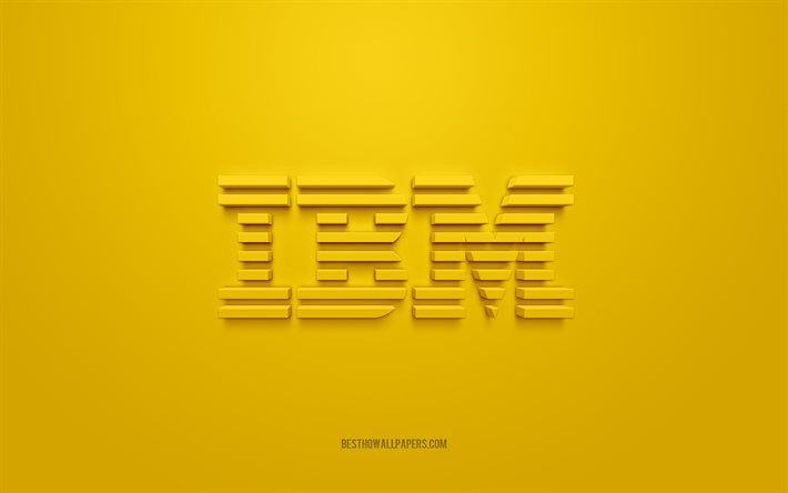 IBM 3d logo, yellow background, IBM emblem, IBM yellow logo, IBM, brands, IBM logo