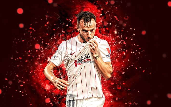 Ivan Rakitic, 4k, 2021, Sevilla FC, croatian footballers, La Liga, red neon lights, soccer, LaLiga, Ivan Rakitic Sevilla, Ivan Rakitic 4K