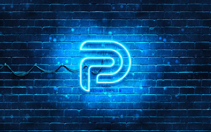 Parler logo blu, 4k, muro di mattoni blu, logo Parler, social network, logo Parler neon, Parler