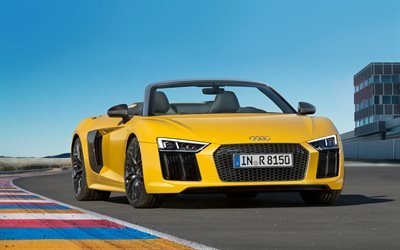 Audi R8, 2017, keltainen R8, avoauto, race track, keltainen Audi