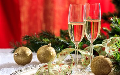 Champagne, New Year, golden Christmas balls, Christmas, silk ribbons, glasses of champagne