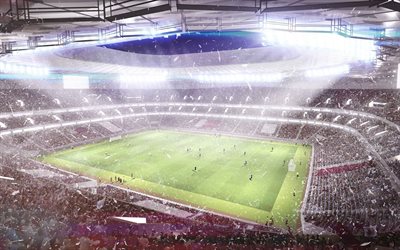 football stadium, fotboll begrepp, fylld stadium står, fotbollsmatch, grön gräsmatta, fans, Qatar Foundation Stadium