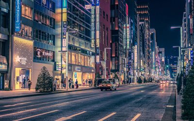 Ginza, 4k, la noche, la carretera, Jap&#243;n, Tokio, Asia