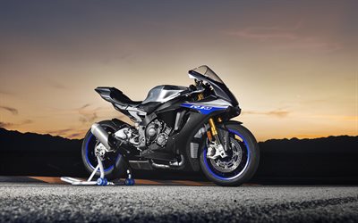 Yamaha YZF-R1M, 2018, sur sa sportive, la nouvelle yzf-R1, coucher de soleil, de sport bleu moto, Yamaha 4k