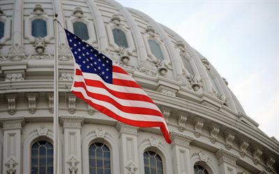 flag of USA, American flag, Washington, USA, Capitol, flagpole, 4k
