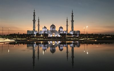 Gran Mezquita del jeque Zayed, Abu Dhabi, Emiratos &#193;rabes Unidos, la Arquitectura Isl&#225;mica, la Gran Mezquita, 4к, puesta de sol