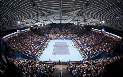 St Jakobshalle, tennis court, hard cover, tennis stadium, Basel, Switzerland, sports arena, 4k, ATP