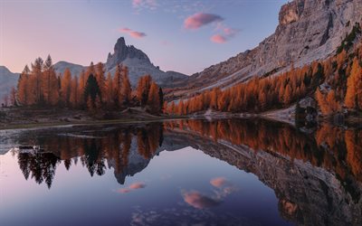 mountain landscape, mountain river, forest, sunset, Dolomites, Soul Mirror