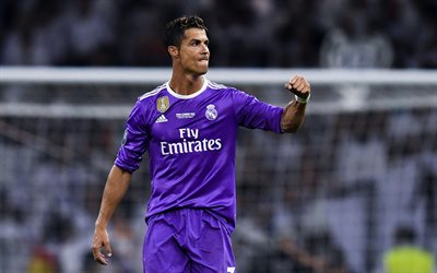 Cristiano Ronaldo, 4k, Real Madrid, purple football uniform, Portuguese footballer, Spain, La Liga
