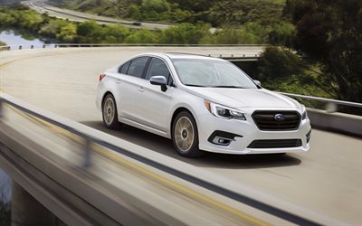Subaru Legacy, road, 2018 cars, motion blur, white legacy, japanese cars, Subaru