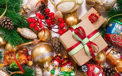 neues jahr, weihnachten, 2018, geschenke, deko, goldene weihnachtskugeln