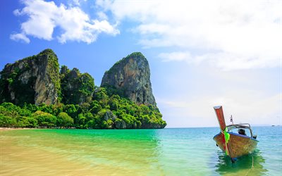 Krabi, 4k, sea, summer, Thailand, boat, Asia