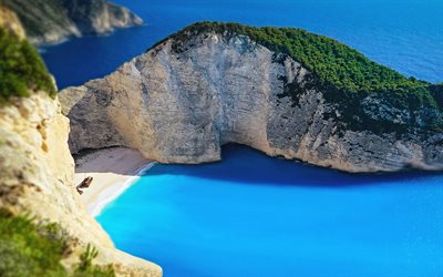 Navagio Beach, summer, bay, greek landmarks, Zakynthos, Ionian Sea, Greece, Europe