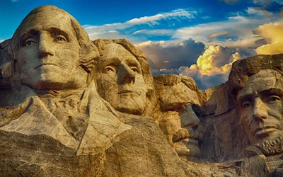 Le mont Rushmore, 4k, american points de rep&#232;re, les etats-unis, George Washington, Thomas Jefferson, Theodore Roosevelt, Abraham Lincoln, le Trap&#232;ze, le Dakota du Sud