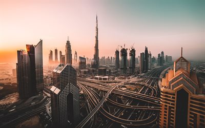 Dubai, EMIRADOS &#225;rabes unidos, arranha-c&#233;us, arquitetura moderna, centros de neg&#243;cios, noite, p&#244;r do sol
