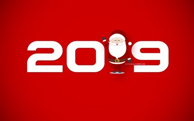 2019 year, red background, santa claus, red 2019 background, happy new year, 2019 concepts, winter