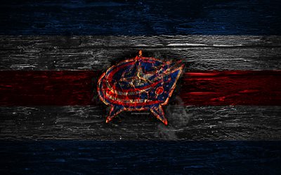 Columbus Blue Jackets, fire logo, NHL, red and black lines, american hockey team, grunge, hockey, logo, Columbus Blue Jackets wallpaper, Eastern Conference, wooden texture, USA