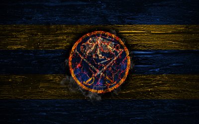 Buffalo Sabres, fire logo, NHL, blue and yellow lines, american hockey team, grunge, hockey, logo, Buffalo Sabres wallpaper, Eastern Conference, wooden texture, USA