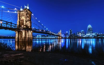 Cincinnati, John Roebling Suspension Bridge, Cincinnati-Covington Silta, Ohio-Joen, sunset, illalla, y&#246;, kaupunkikuva, USA