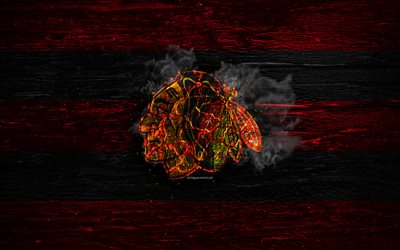 Chicago Blackhawks, fire logo, NHL, red and black lines, american hockey team, grunge, hockey, logo, Chicago Blackhawks wallpaper, Western Conference, wooden texture, USA