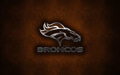 Denver Broncos, squadra di football Americano, logo in metallo, Denver, Colorado, USA, creativo, arte, NFL, emblema, in metallo arancione di sfondo, il football americano, Campionato Nazionale di Calcio