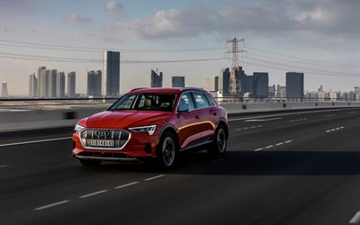 Audi e-tron, 2019, electric SUV, car on the highway, new red e-tron, electric cars, German cars, Audi