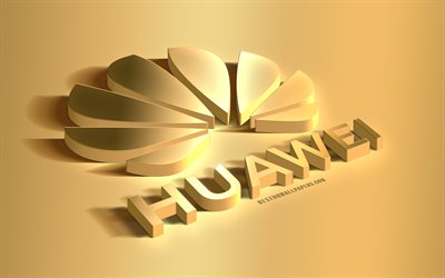 Huawei, golden 3D logo, golden background, wallpaper for Huawei, metal 3D emblem, creative art