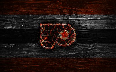 Philadelphia Flyers, fire logo, NHL, orange and black lines, american hockey team, grunge, hockey, logo, Philadelphia Flyers wallpaper, Eastern Conference, wooden texture, USA