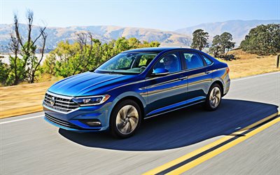 2019, Volkswagen Jetta, side view, blue sedan, new blue Jetta, exterior, car on the highway, german cars, Volkswagen