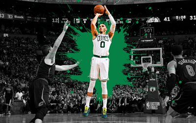 Jayson Tatum, Boston Celtics, American basketball player, NBA, green paint splashes, creative art, basketball, USA