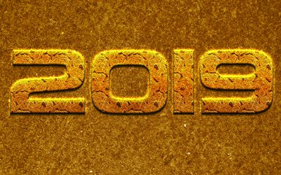 2019 year, creative yellow letters, yellow 2019 background, Happy New Year, creative art, 2019 concepts, background for 2019 postcards