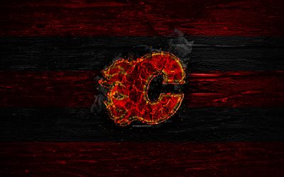 Calgary Flames, fogo logotipo, NHL, vermelho e preto linhas, americana time de h&#243;quei, grunge, h&#243;quei, logo, Calgary Flames papel de parede, Confer&#234;ncia Oeste, textura de madeira, EUA
