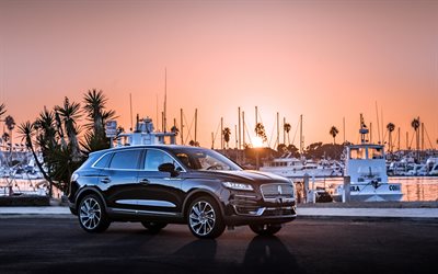 Lincoln Nautilus, 2019, side view, exterior, black luxury SUV, new black Nautilus, sunset, evening, american cars, Lincoln