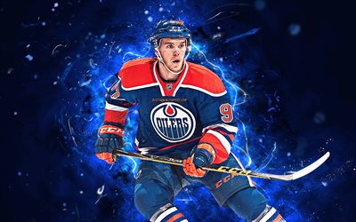 Connor McDavid, uniforme azul, Edmonton Oilers, jogadores de h&#243;quei, NHL, estrelas do h&#243;quei no gelo, Landeskog, h&#243;quei, luzes de neon, Connor McDavid papel de parede