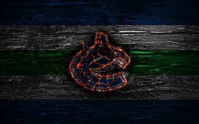 Vancouver Canucks, fire logo, NHL, blue and green lines, american hockey team, grunge, hockey, logo, Vancouver Canucks wallpaper, Western Conference, wooden texture, USA